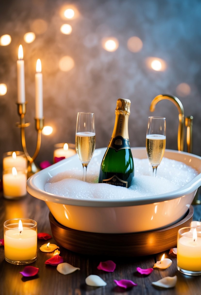 A luxurious bubble bath with a bottle of champagne on a wooden tray surrounded by flickering candles and rose petals