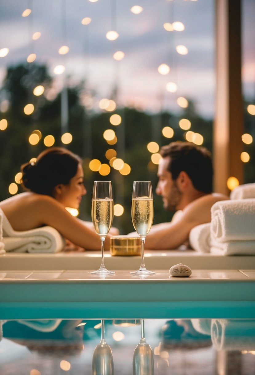 A serene spa with couples massage, jacuzzi, and champagne