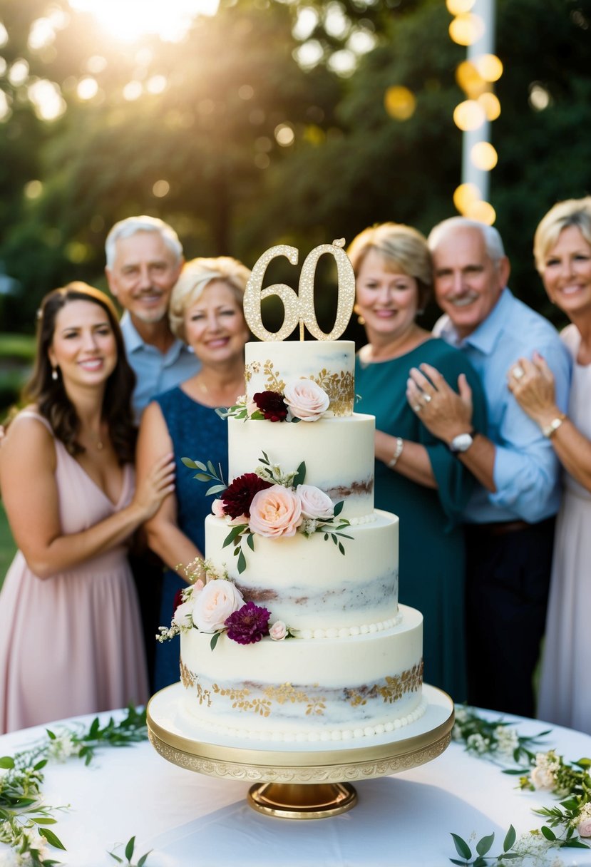 A tiered cake with floral decorations and a "60" cake topper on a table adorned with golden accents and surrounded by happy family members