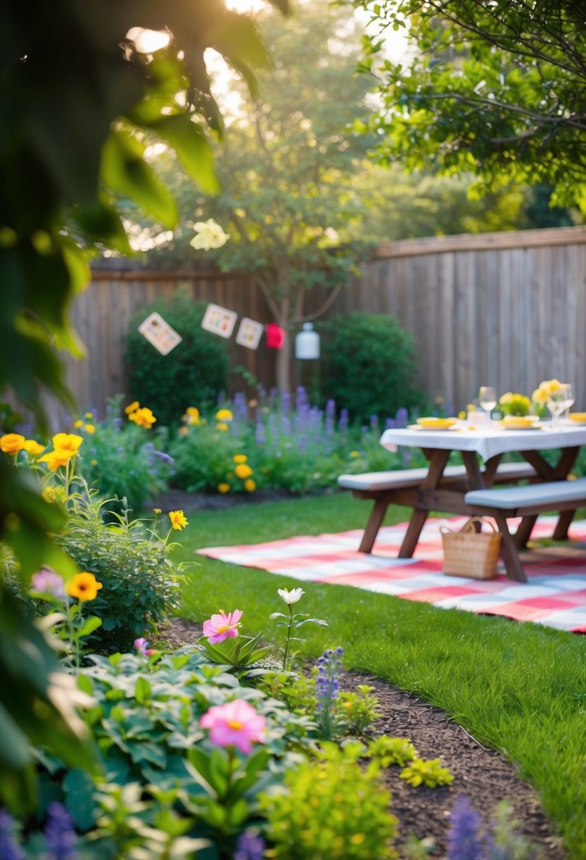 A backyard garden with hidden clues among flowers and trees, leading to a picnic area with a table set for two