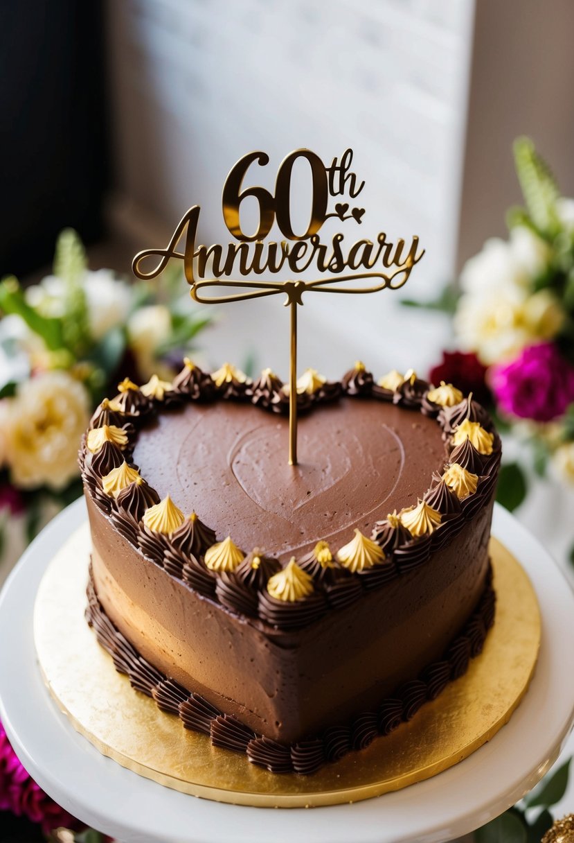 A heart-shaped chocolate buttercream cake surrounded by gold accents and floral decorations, with a "60th anniversary" cake topper