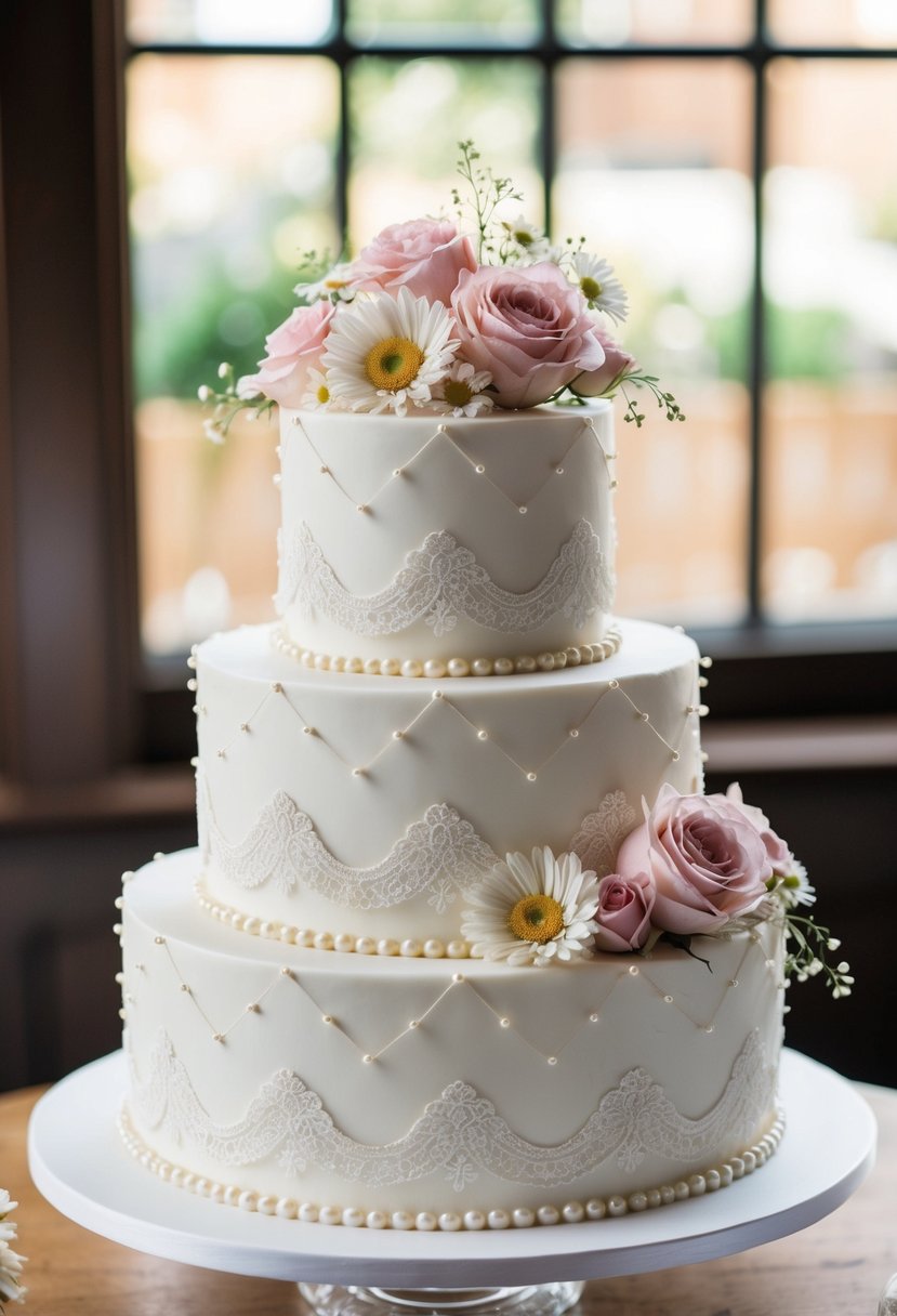 A three-tiered vintage floral stack cake with intricate lace and pearl details, adorned with delicate roses and daisies