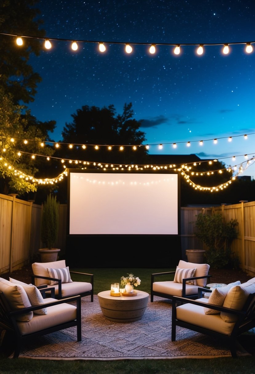 A cozy backyard with a large screen, string lights, and comfortable seating arranged for a romantic movie night under the stars