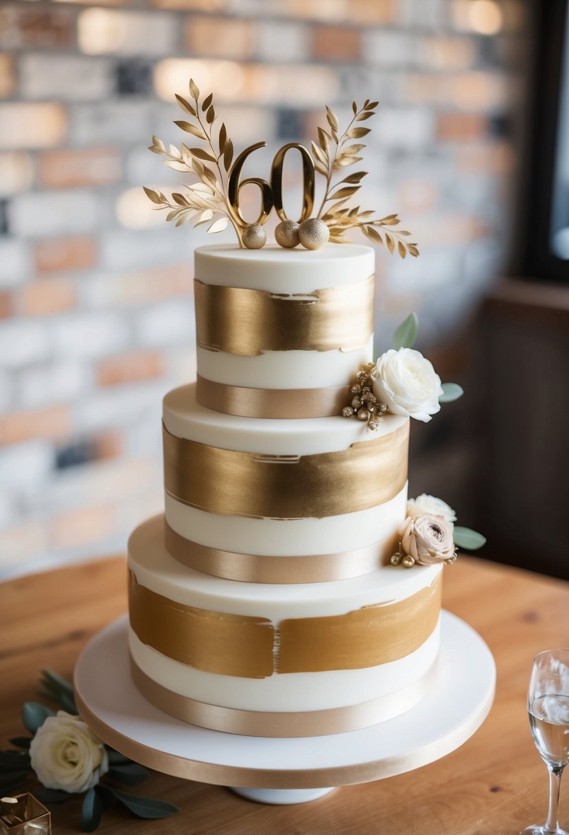 A tiered cake with gold brush stroke design, adorned with modern accents, for a 60th wedding anniversary celebration