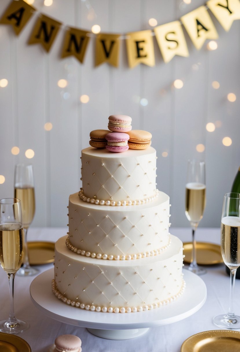 A three-tier cake adorned with pearls and macarons, surrounded by champagne glasses and a golden anniversary banner