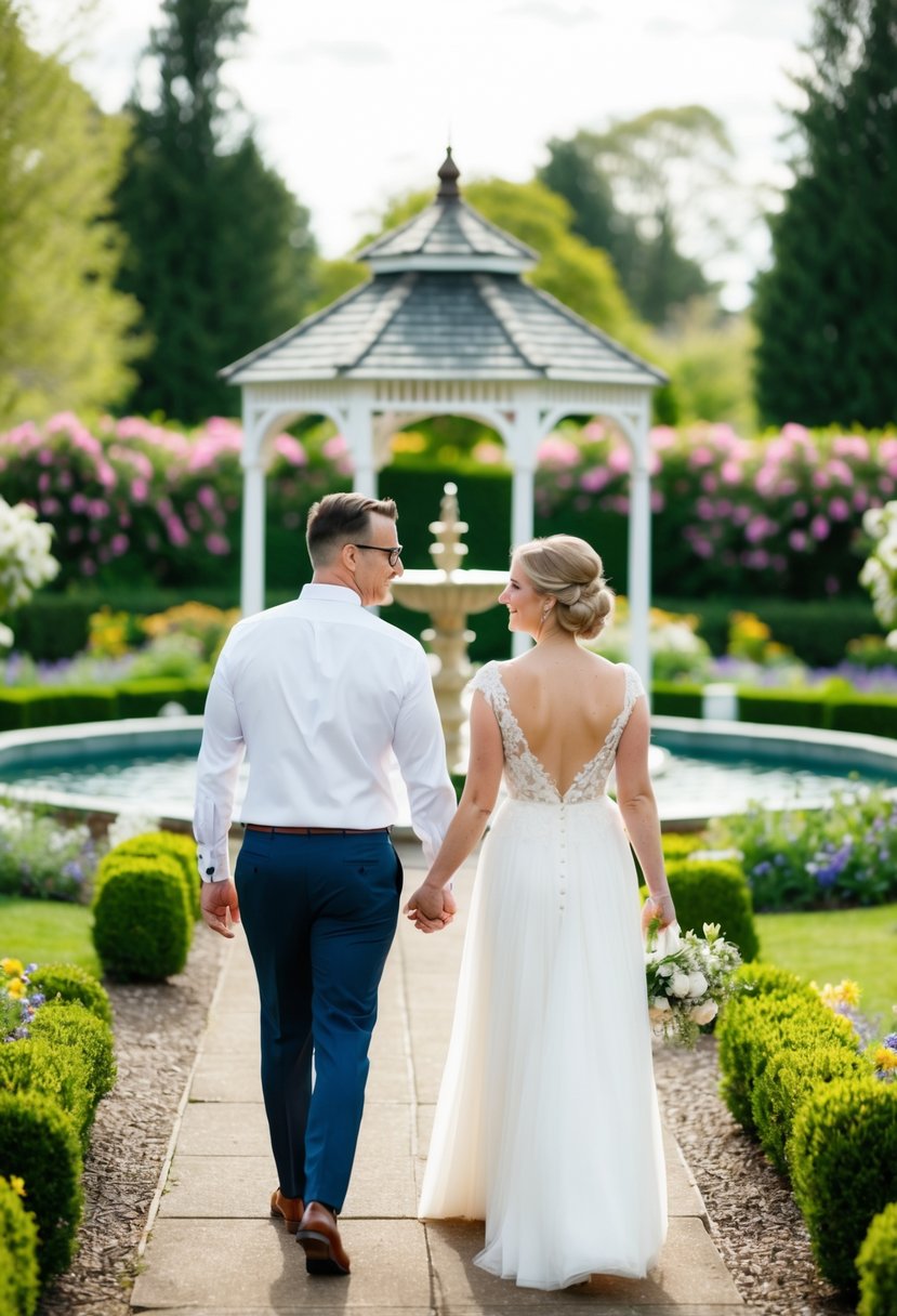 A couple strolling hand in hand through a blooming garden with a fountain and a picturesque gazebo on their 39th wedding anniversary