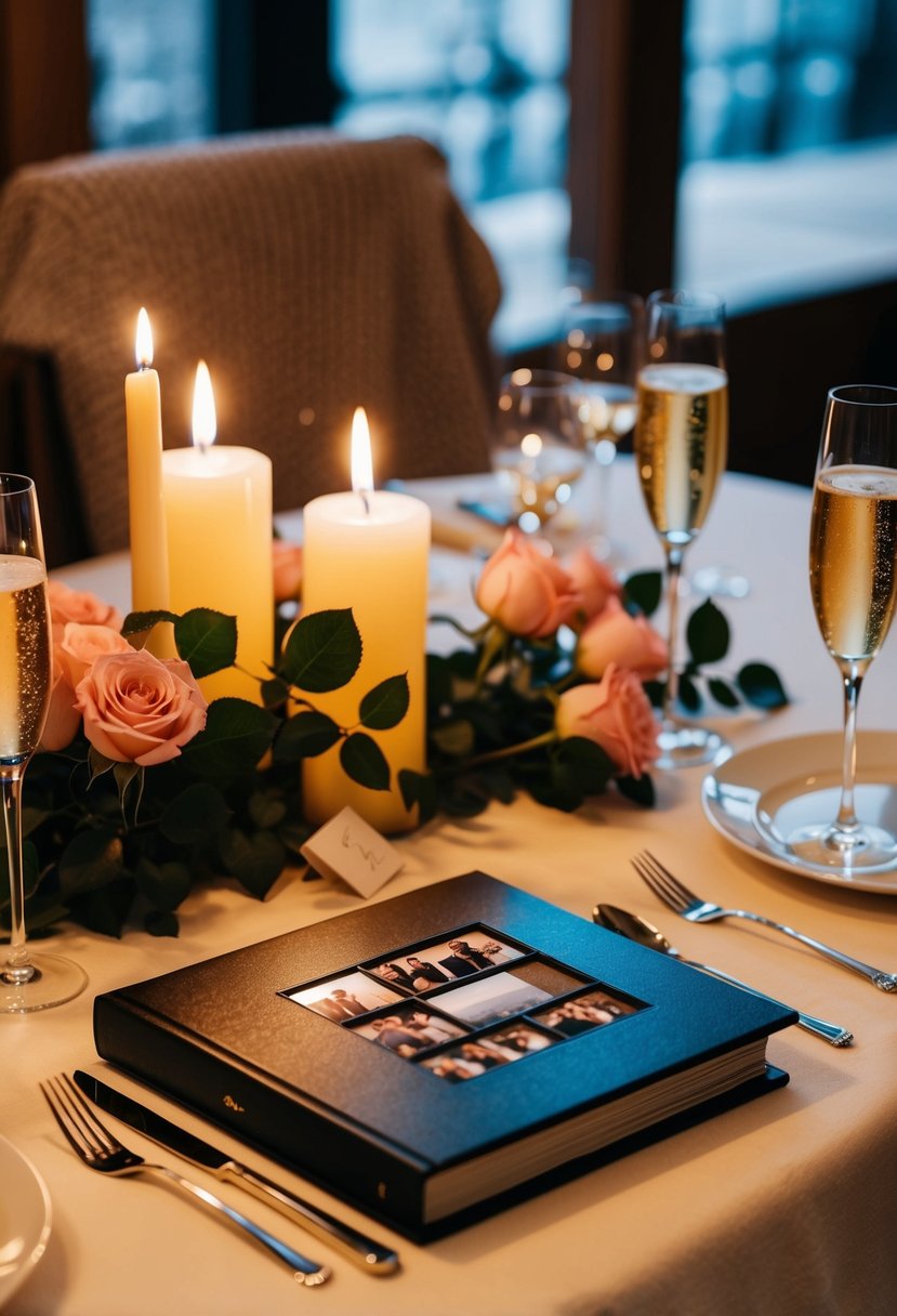 A cozy, candlelit dinner table with champagne, roses, and a photo album of cherished memories