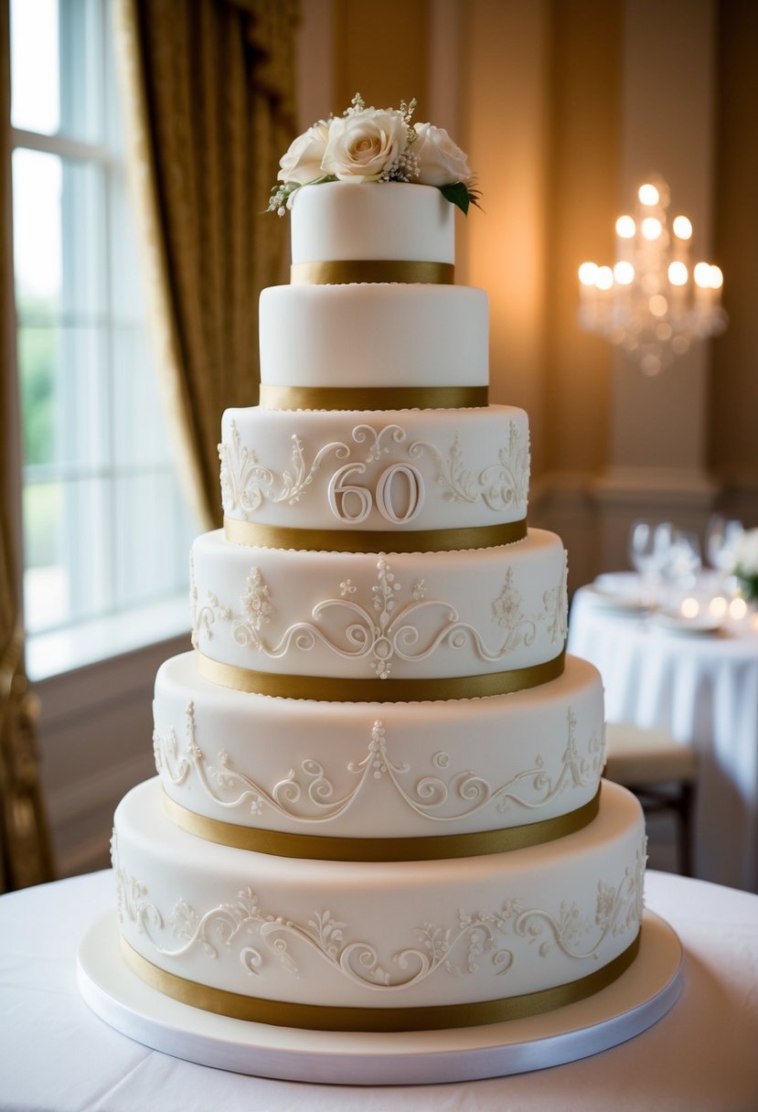 An elegant, multi-tiered wedding cake adorned with intricate hand-painted designs, featuring a 60th anniversary theme