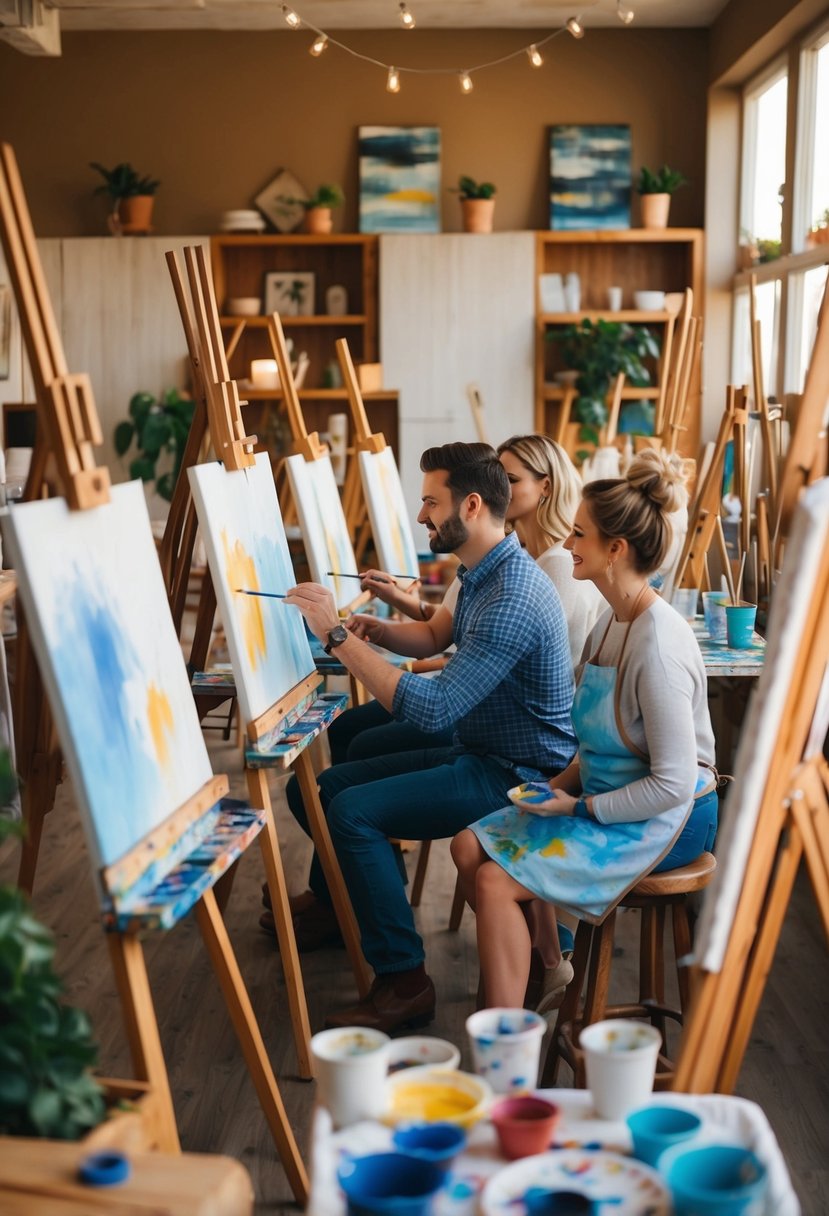 A cozy studio filled with easels, paint palettes, and canvases. Soft music plays as couples sit side by side, painting together in a warm, inviting atmosphere