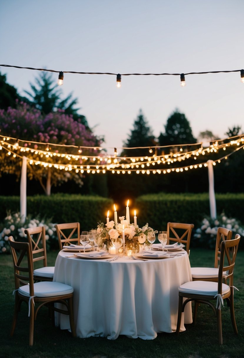 A candlelit dinner set up on the same spot where the couple exchanged vows, surrounded by twinkling fairy lights and blooming flowers