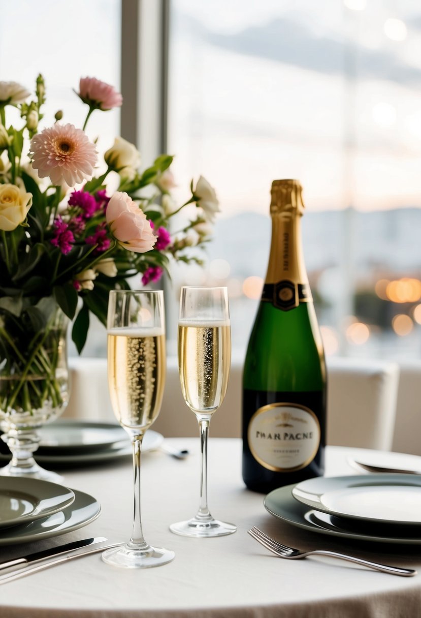 A beautifully set dining table with a vase of flowers, a bottle of champagne, and two elegant champagne flutes