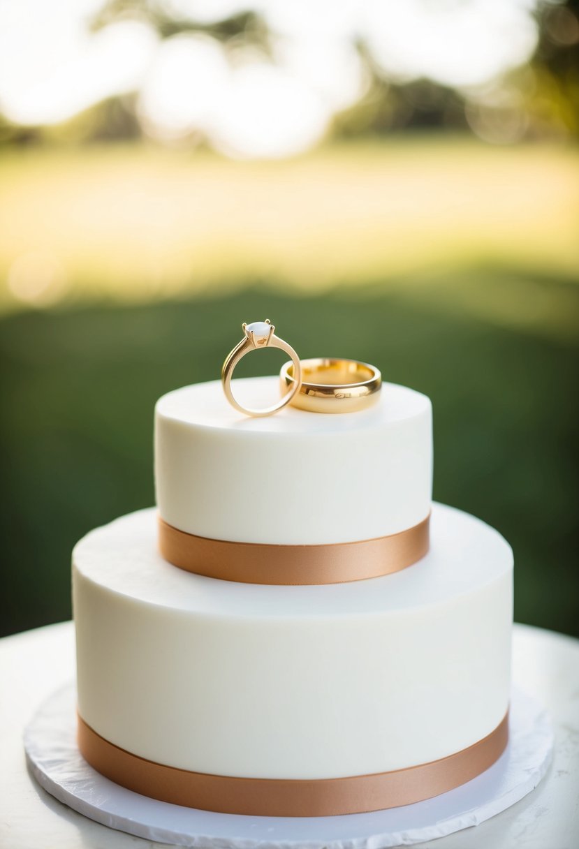 A simple white fondant cake adorned with two intertwined gold rings