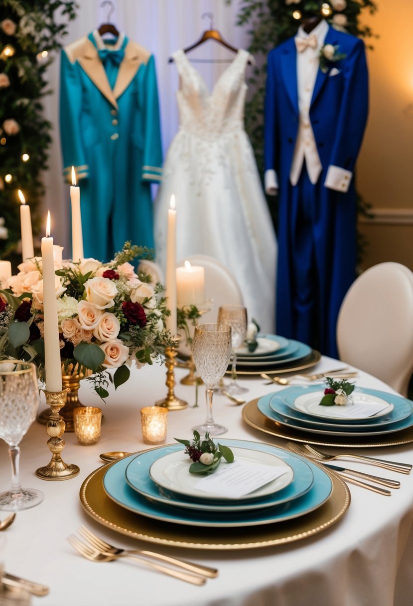 A table set with elegant dinnerware, adorned with candles and flowers. Costumes hang nearby, reflecting the chosen theme for the 37th wedding anniversary celebration