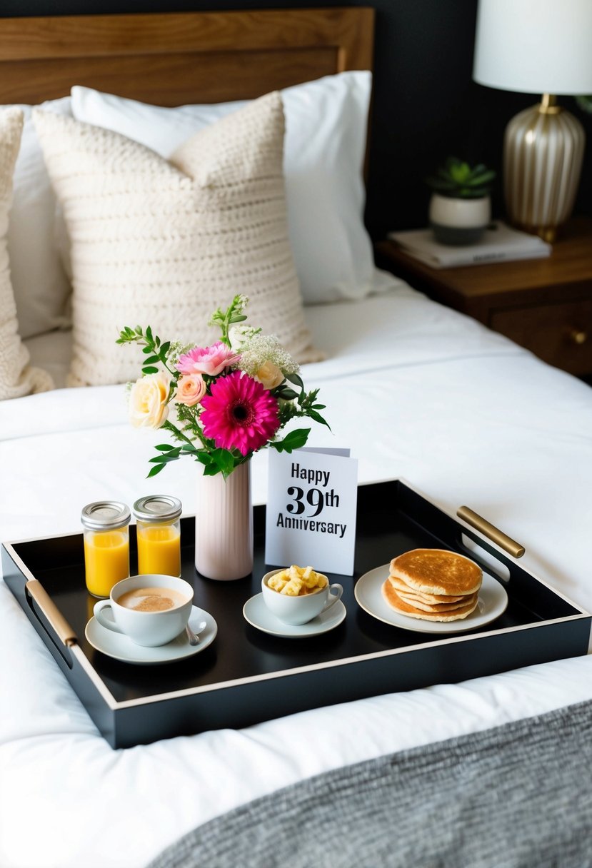 A tray with a flower vase, breakfast items, and a "Happy 39th Anniversary" card arranged on a bed with a cozy blanket and pillows