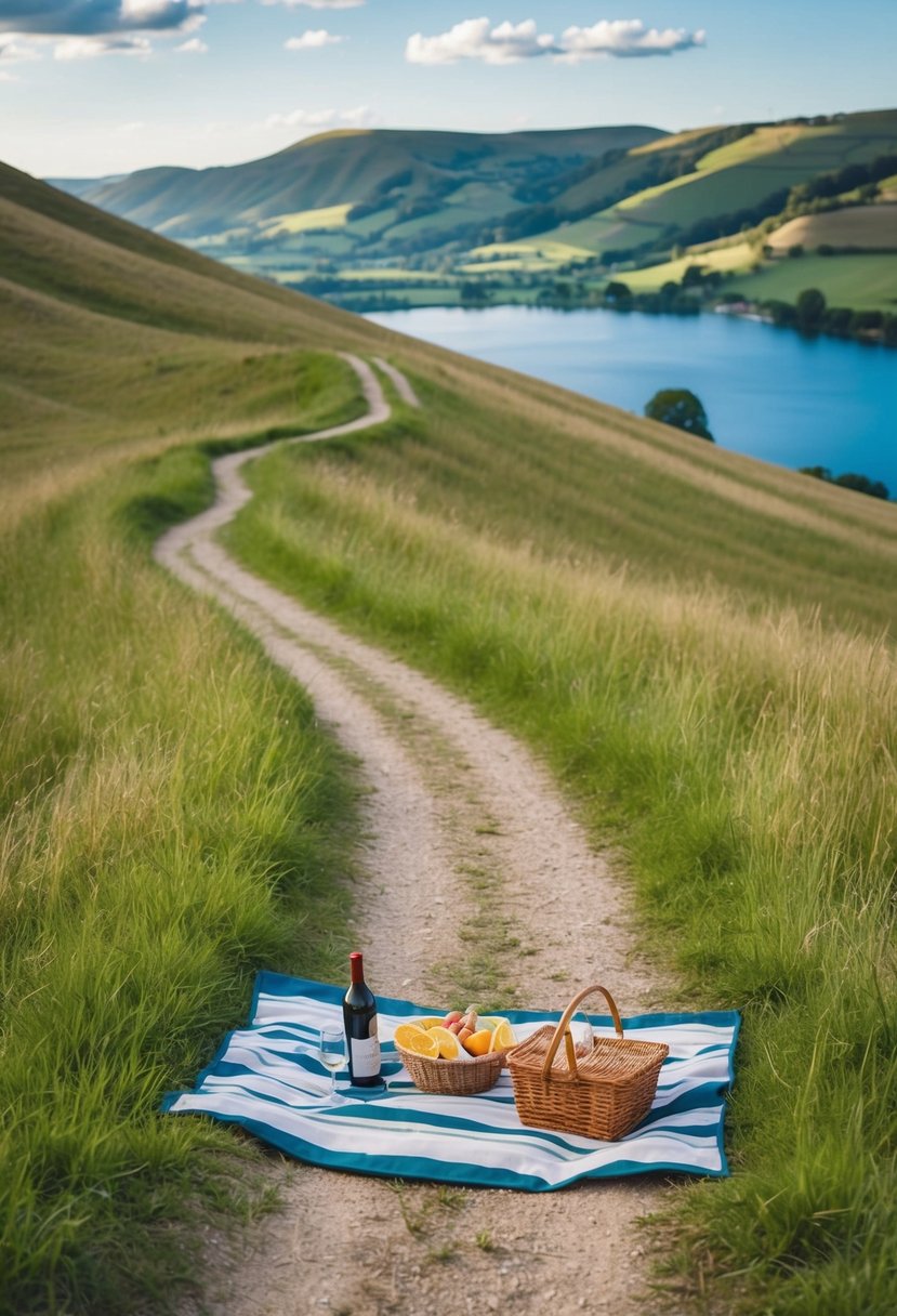 A winding trail leads to a grassy clearing with a panoramic view of rolling hills and a sparkling lake. A picnic blanket is spread out with a basket of food and a bottle of wine