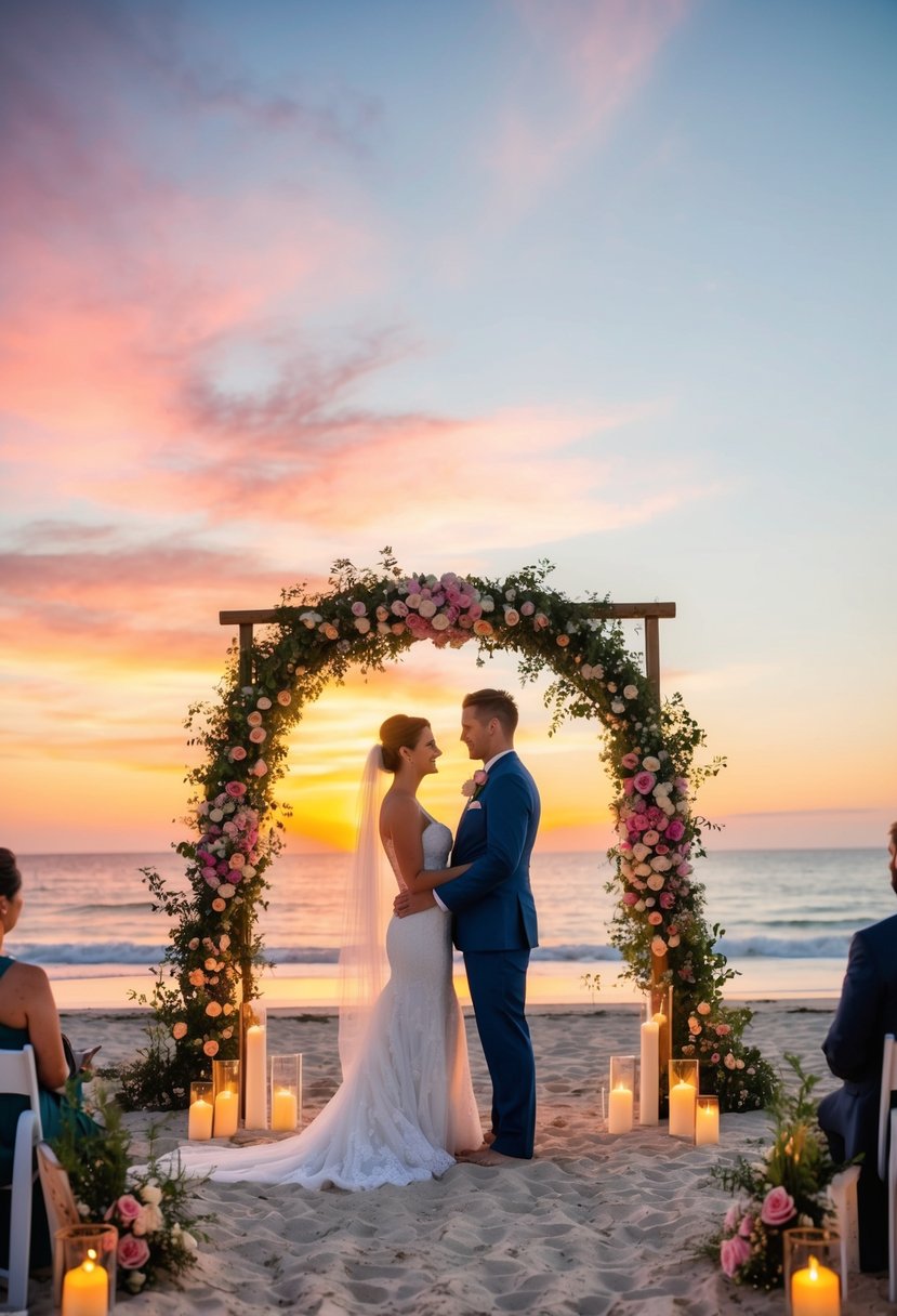 A couple stands on a sandy beach, framed by a vibrant sunset. A flower-adorned arch and flickering candles set the stage for a vow renewal ceremony