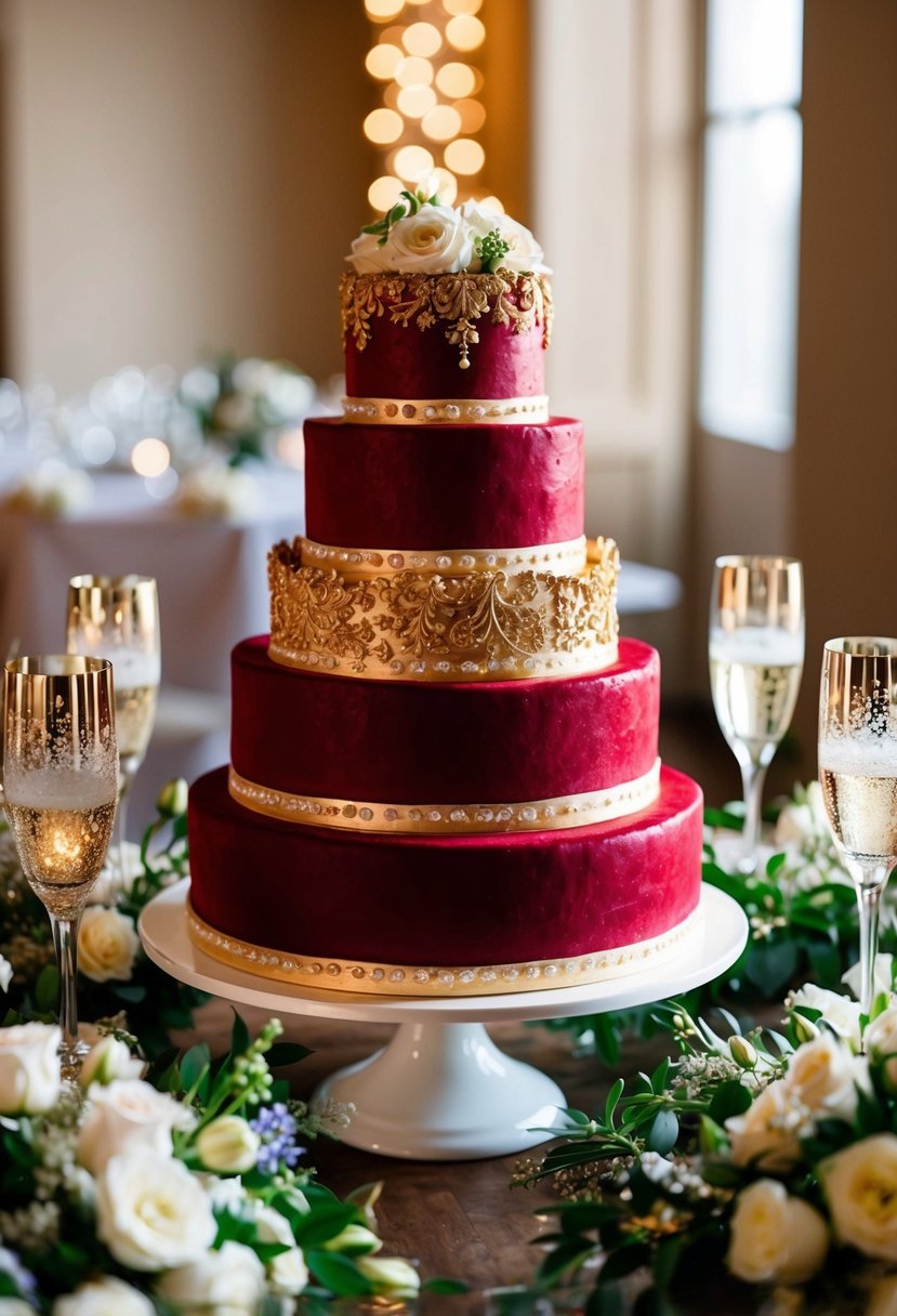 A tall, decadent red velvet layer cake adorned with intricate gold detailing, surrounded by shimmering champagne flutes and elegant floral arrangements