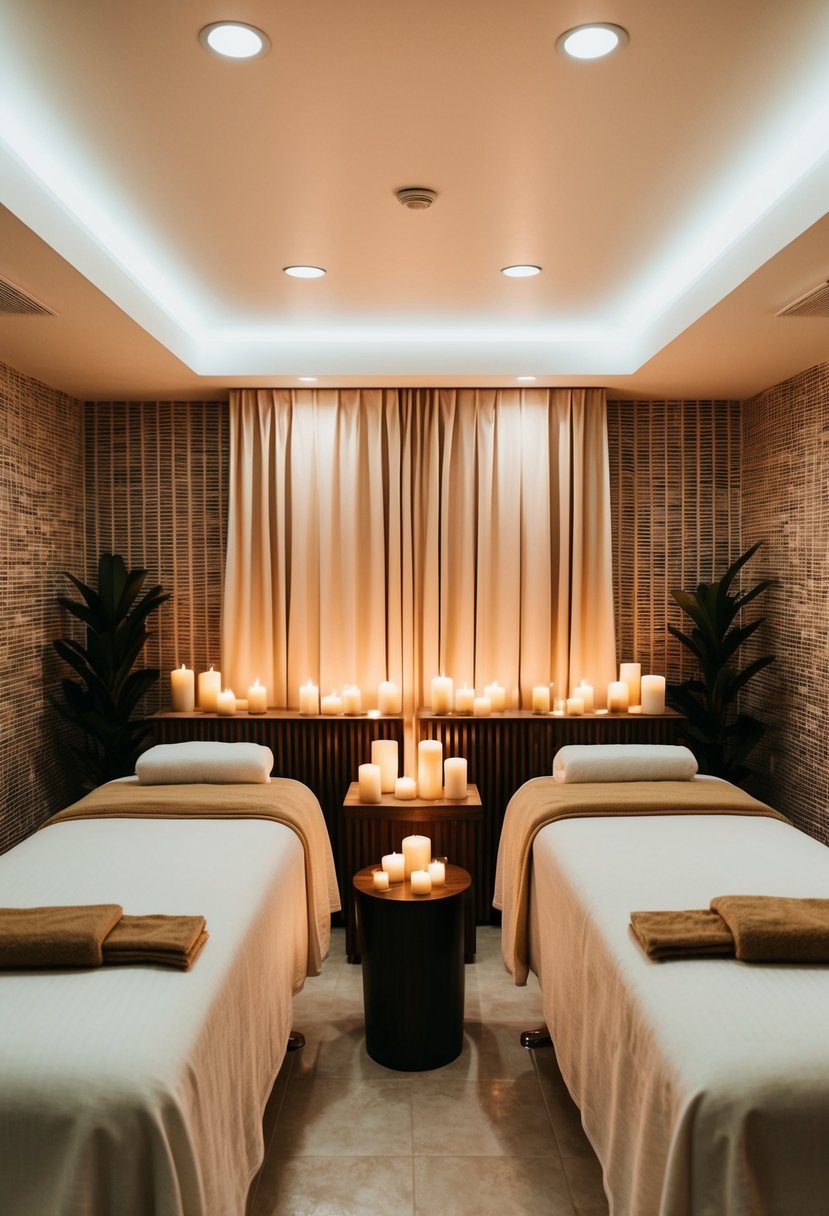 A tranquil spa with two massage tables surrounded by soft candlelight and soothing music, creating a serene atmosphere for a couple's relaxation and bonding experience