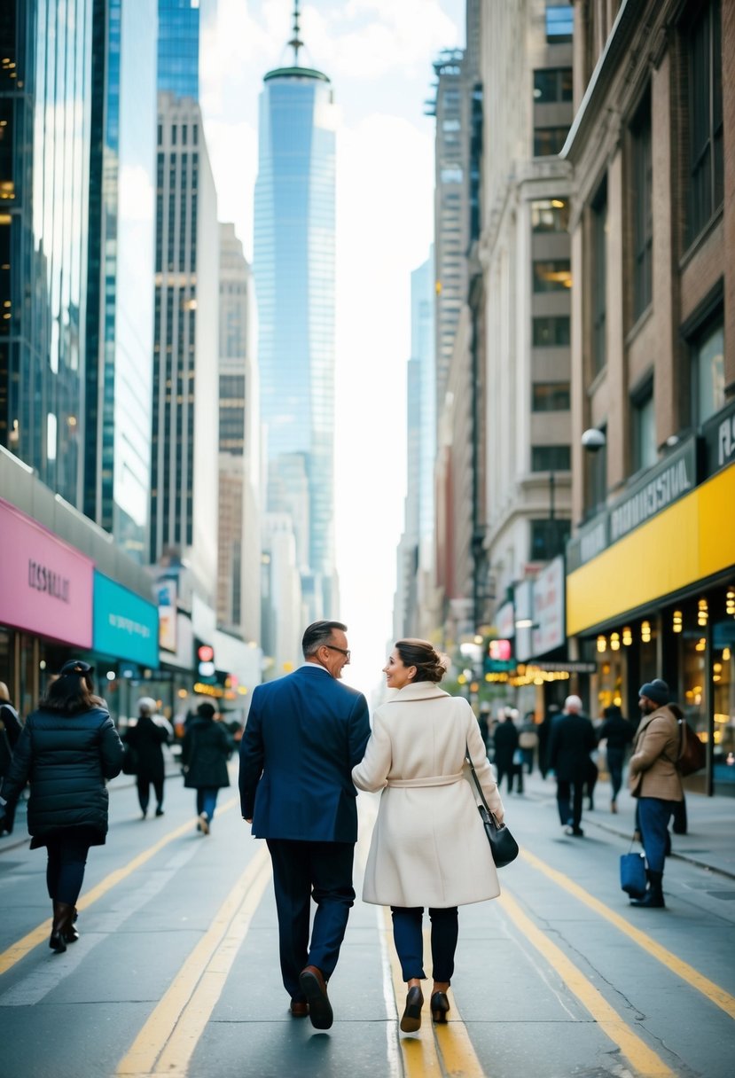 A couple strolling through a bustling city street, surrounded by towering skyscrapers and colorful storefronts, taking in the sights and sounds of their 39th wedding anniversary adventure