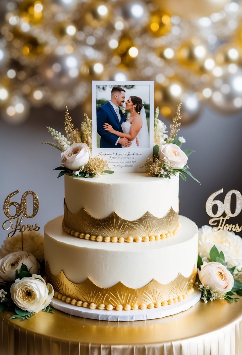 A couple's wedding photo displayed on a cake with decorative icing and floral accents, surrounded by golden 60th anniversary decorations