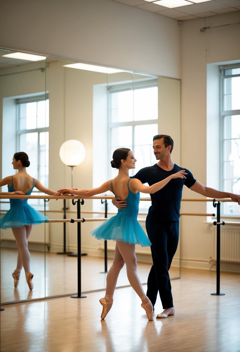 A couple gracefully dances in a well-lit studio, surrounded by mirrors and ballet barres, as their instructor guides them through elegant movements