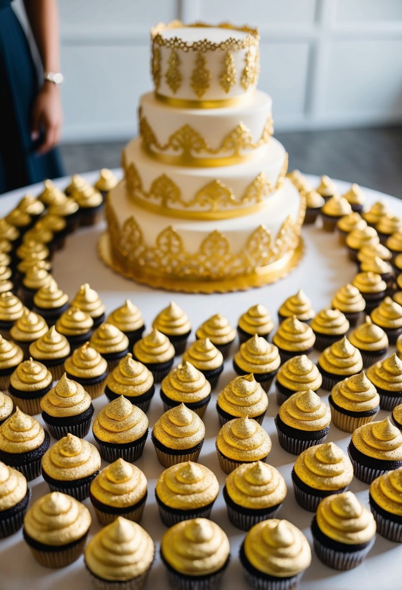 A table adorned with gold-dusted cupcakes, arranged in a circular pattern. A large, tiered cake with intricate golden designs sits in the center