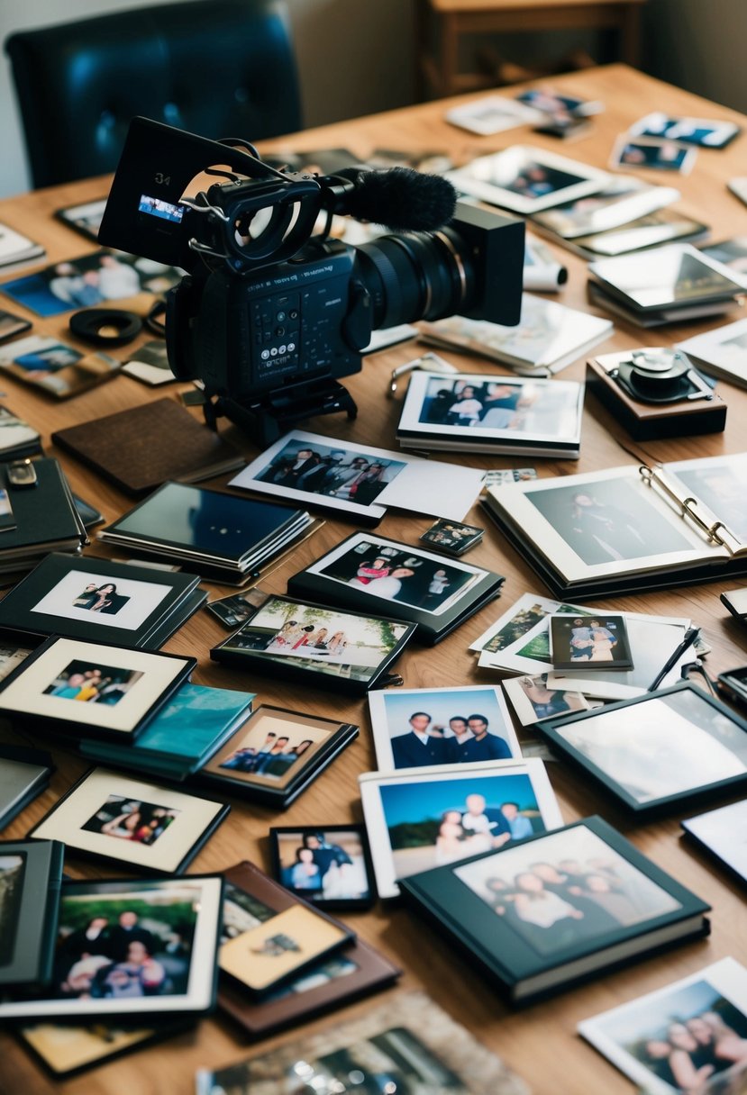 A table scattered with photos, albums, and memorabilia from 37 years together. A video camera sits ready to capture the montage creation process