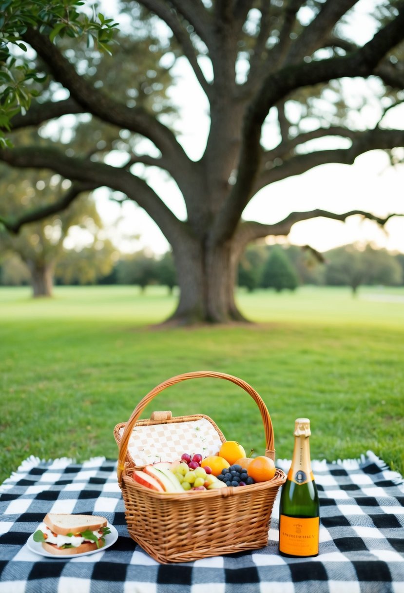 A checkered blanket laid out under a sprawling oak tree, with a wicker basket filled with fruits, sandwiches, and a bottle of champagne