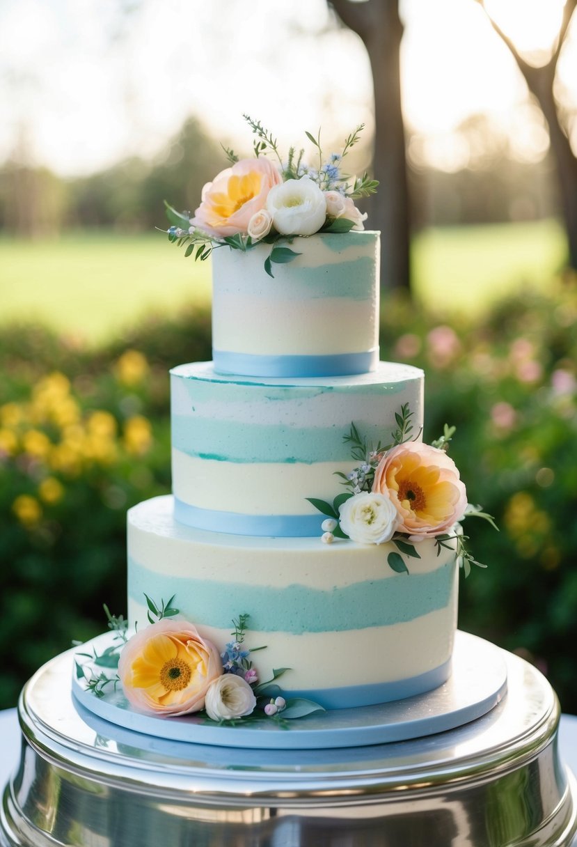 A three-tiered buttercream watercolor cake adorned with delicate floral decorations, set on a silver cake stand