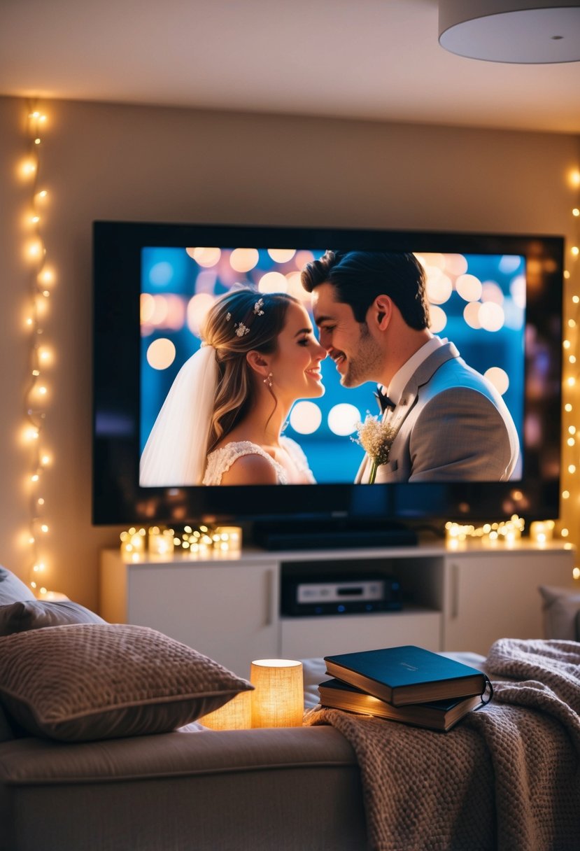 A warm living room with soft blankets, pillows, and a large screen showing a romantic movie. Twinkling fairy lights and a wedding photo album add to the cozy atmosphere