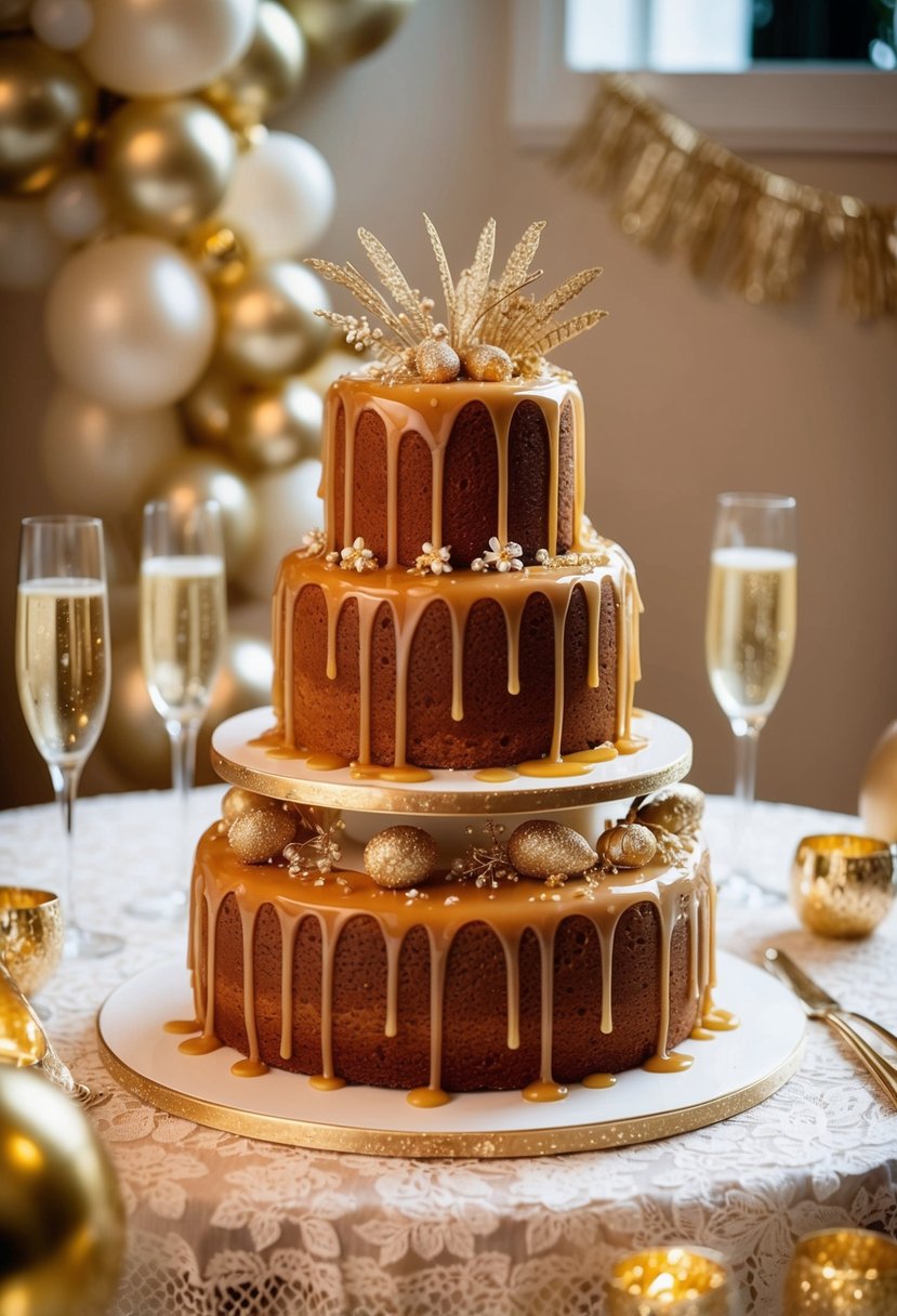 A three-tiered almond cake, drizzled with caramel and adorned with delicate gold accents, sits atop a lace tablecloth, surrounded by shimmering champagne glasses and golden anniversary decorations