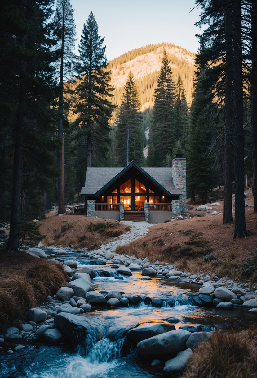 A cozy cabin nestled in the mountains, surrounded by tall pine trees and a bubbling creek, with a warm fire crackling in the fireplace