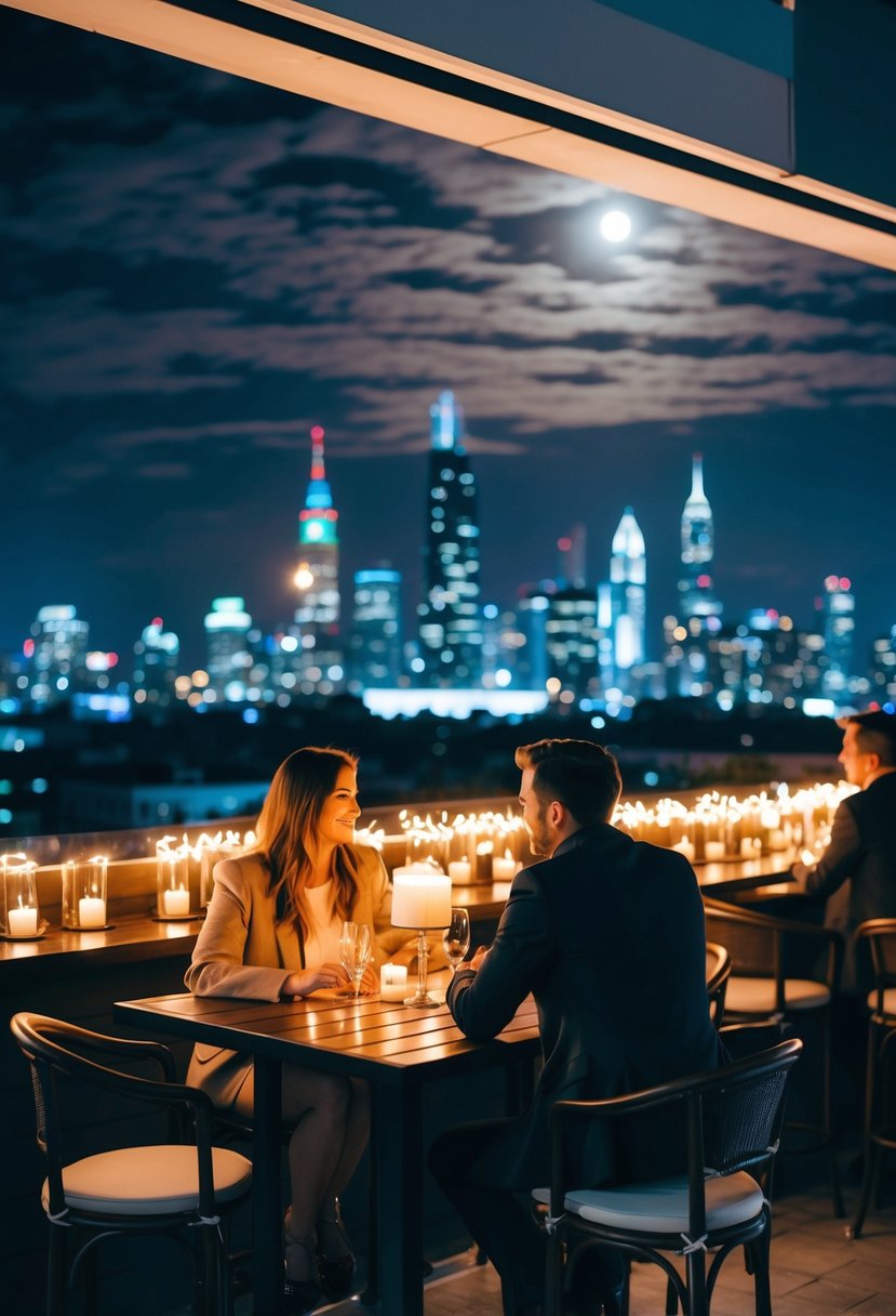 A couple sits at a candlelit table on a rooftop bar, overlooking a city skyline at night. Twinkling lights and a full moon add to the romantic atmosphere