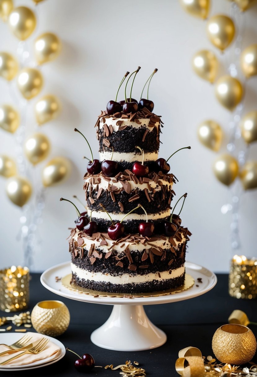 A three-tiered black forest cake adorned with chocolate shavings and fresh cherries, surrounded by golden anniversary decorations