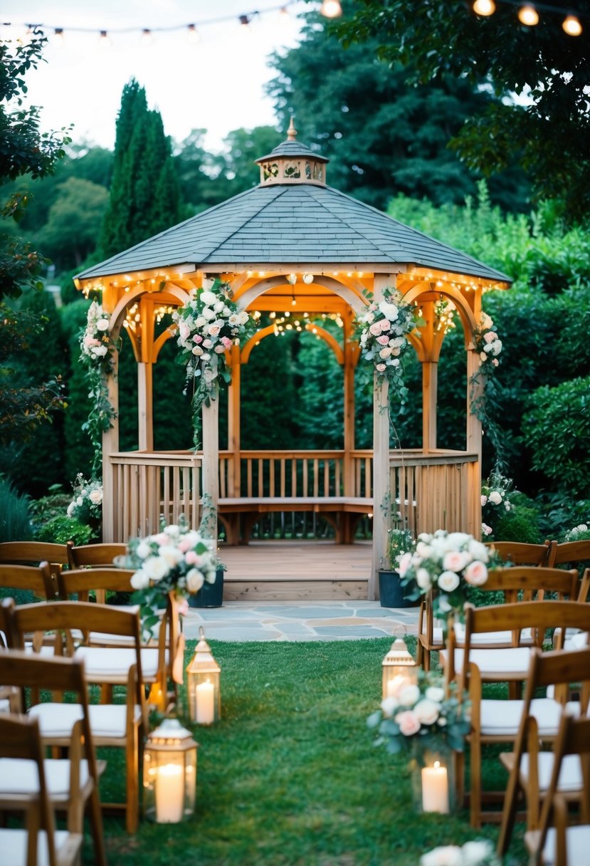 A cozy garden gazebo adorned with flowers and twinkling lights, set for a romantic vow renewal ceremony