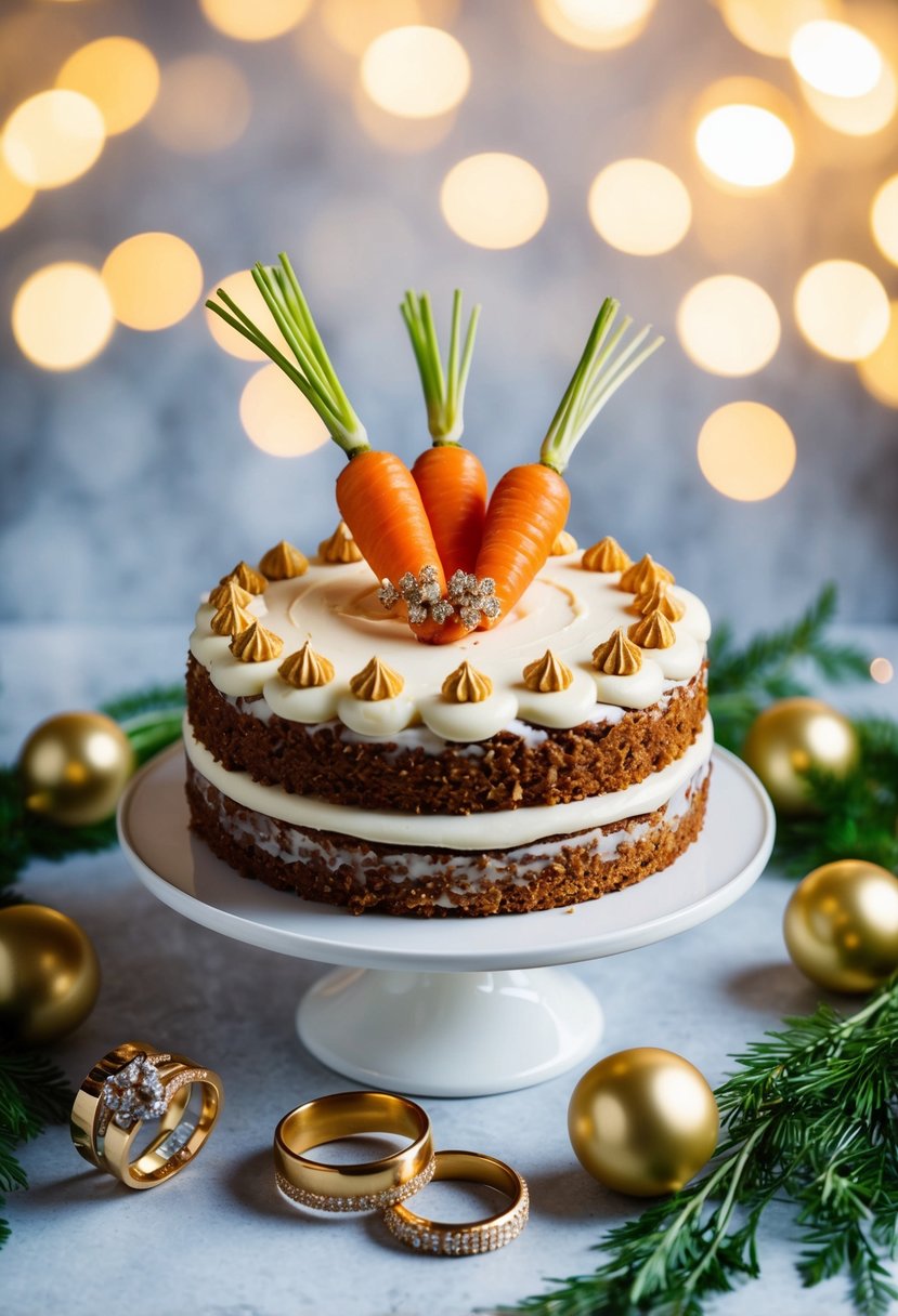 A beautifully decorated carrot cake with cream cheese frosting surrounded by golden anniversary decorations and a pair of entwined wedding rings