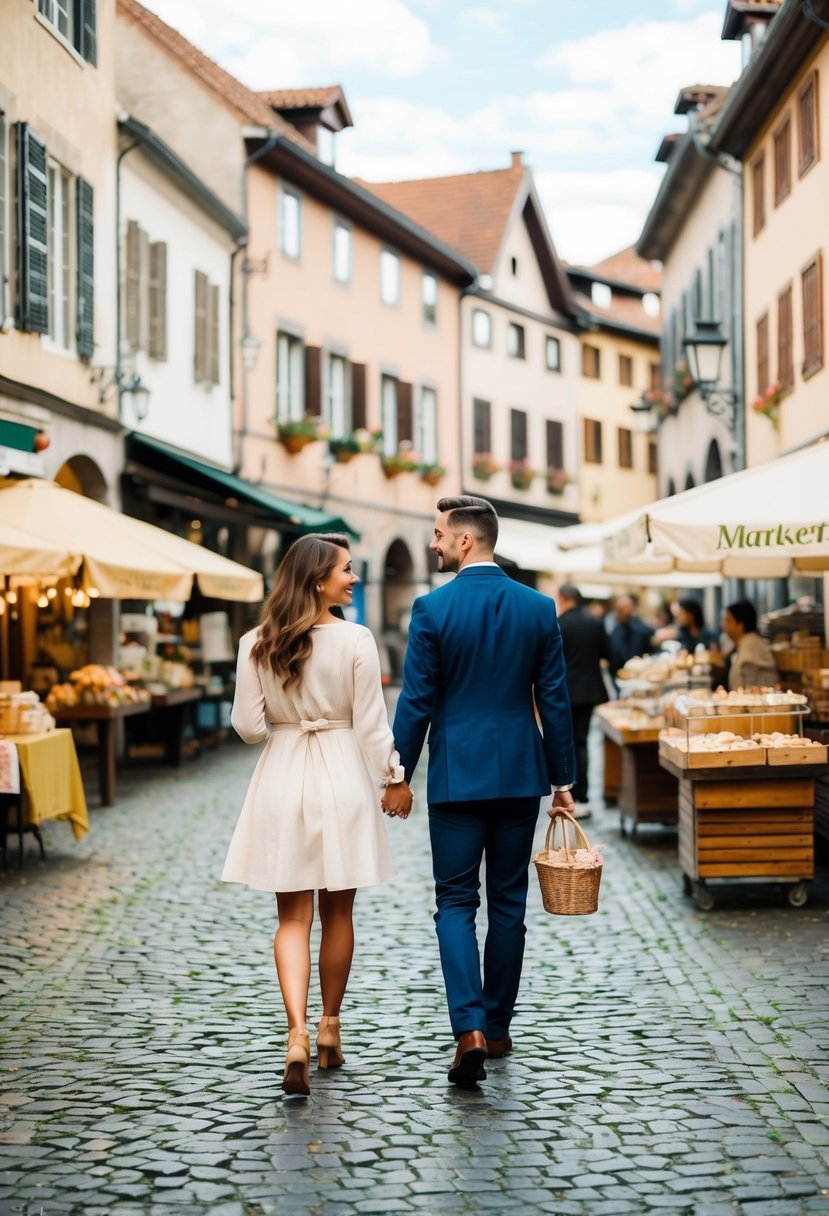 A charming town square with cobblestone streets, quaint shops, and a bustling market. A couple strolls hand in hand, admiring the historic architecture and enjoying local treats