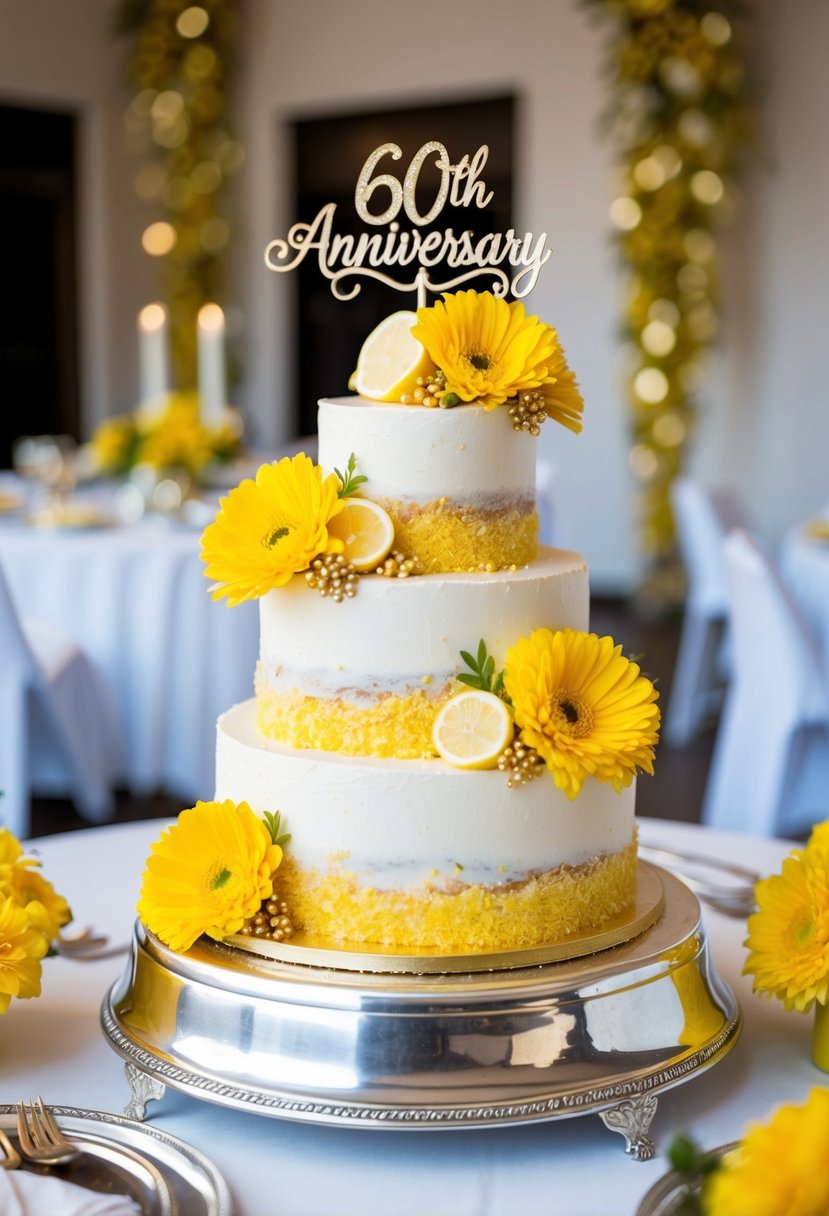 A three-tiered lemon zest cake adorned with vibrant yellow flowers and gold accents, displayed on a silver platter with a "60th Anniversary" cake topper