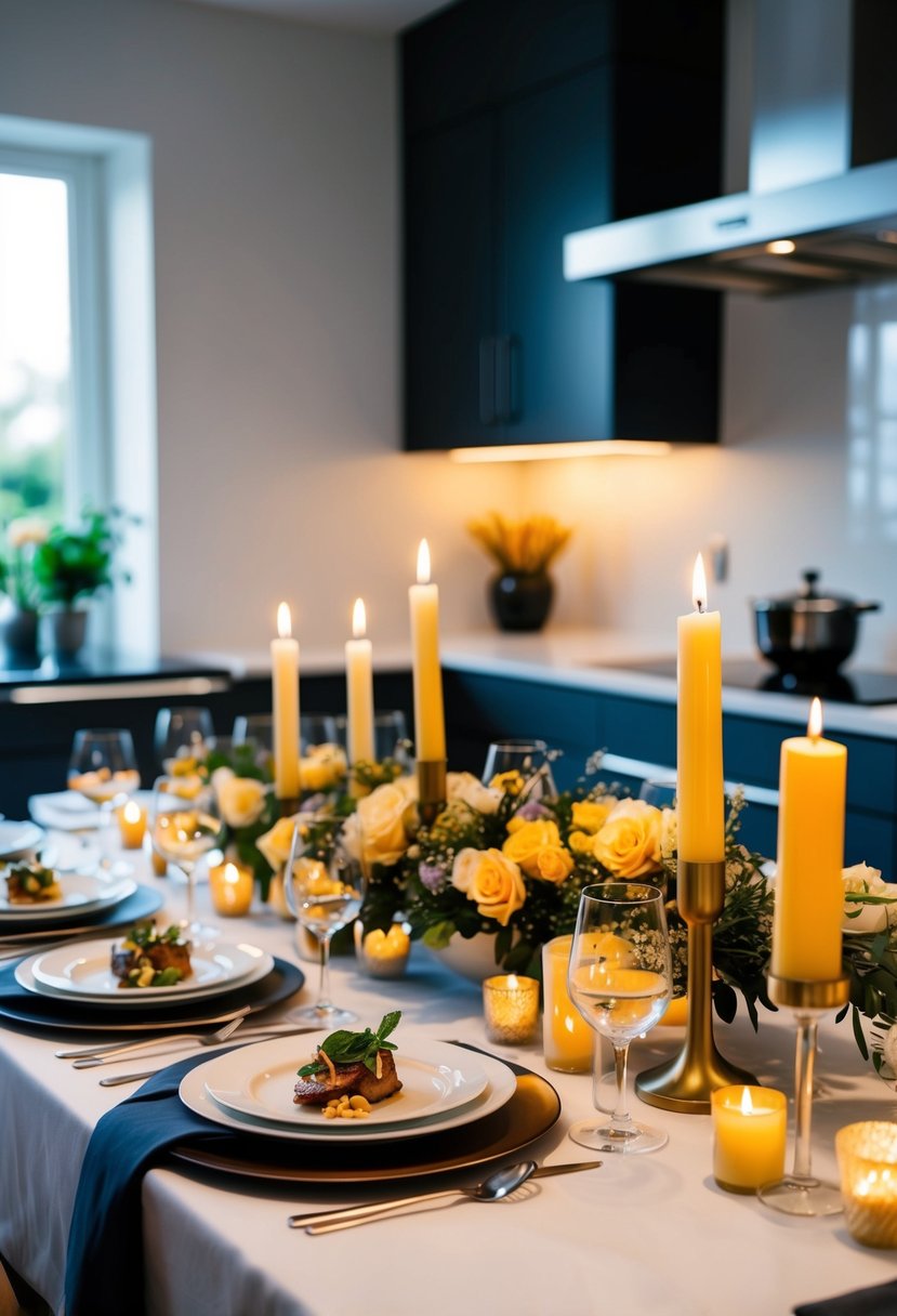 A beautifully set table with candles, fine china, and a gourmet meal being prepared in a modern kitchen