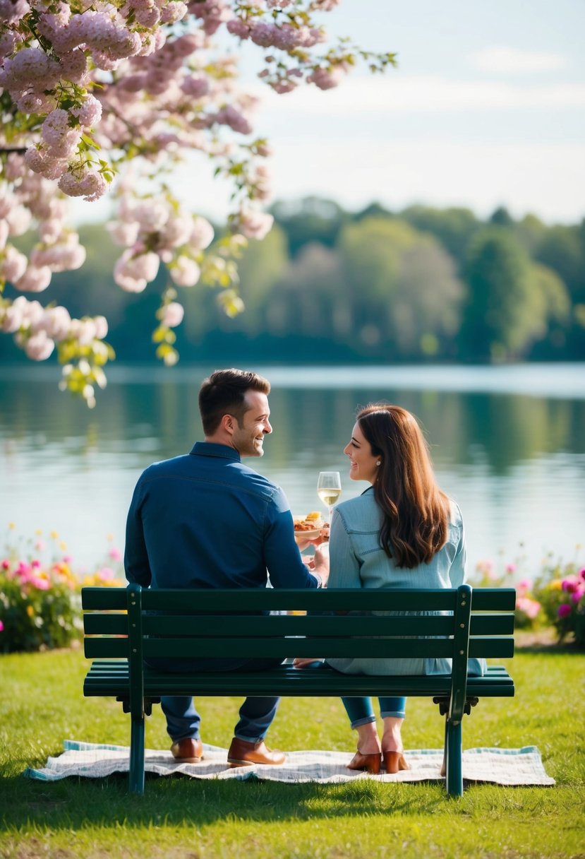 A couple sitting on a park bench, surrounded by blooming flowers and a serene lake, sharing a picnic and reminiscing about their first date