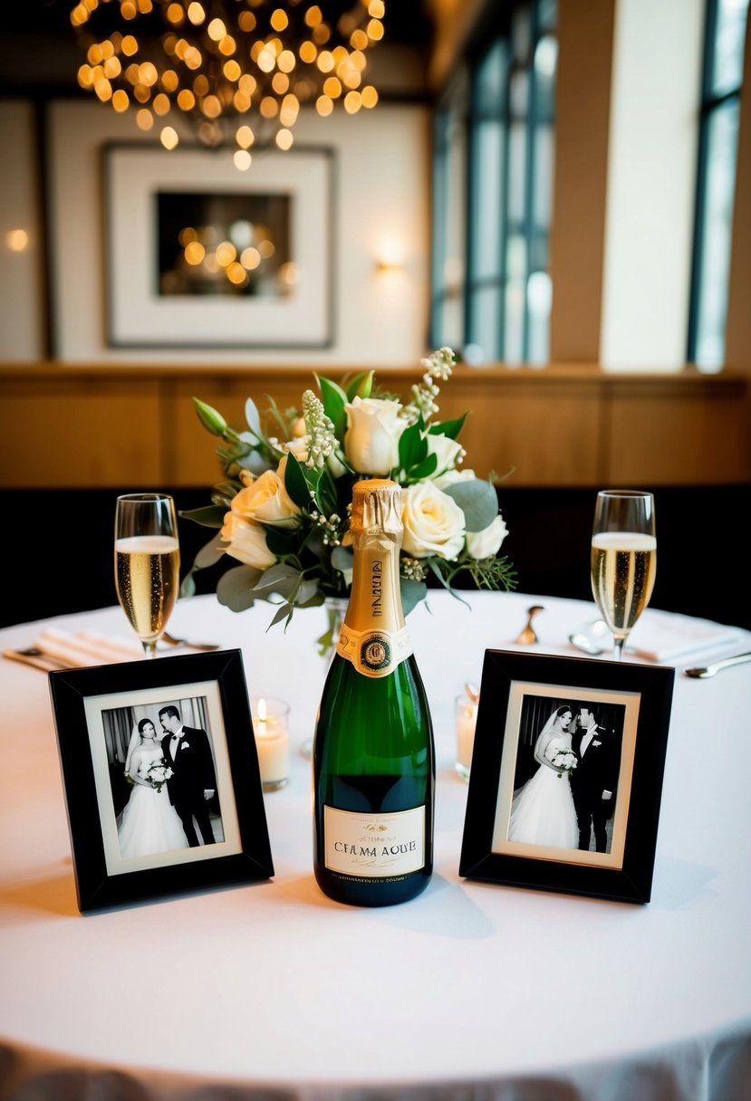 A table set for two with a bottle of champagne, a bouquet of flowers, and framed wedding photos