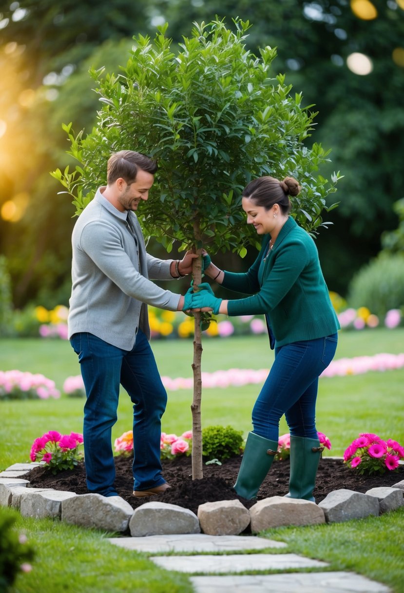 A couple planting a tree together in a garden, surrounded by flowers and a decorative stone path