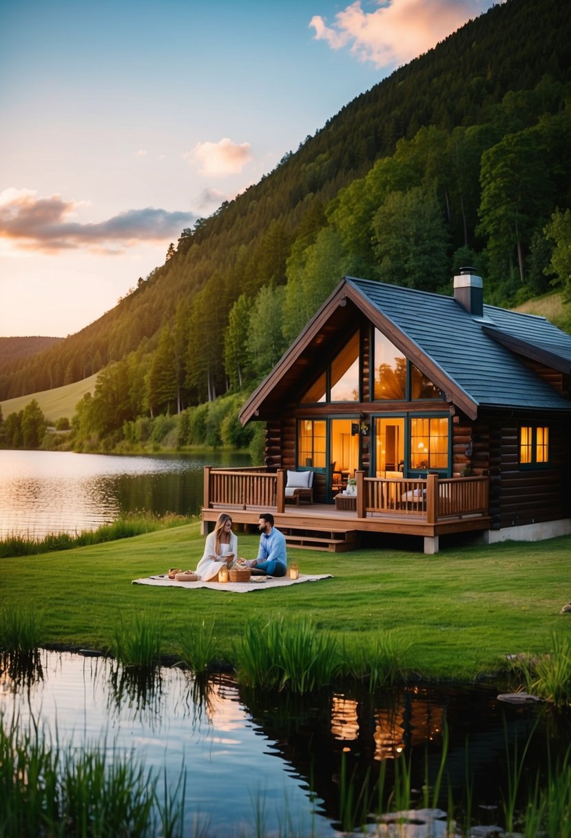 A cozy cabin nestled in a lush forest, surrounded by a tranquil lake and rolling hills. A couple enjoys a romantic sunset picnic by the water