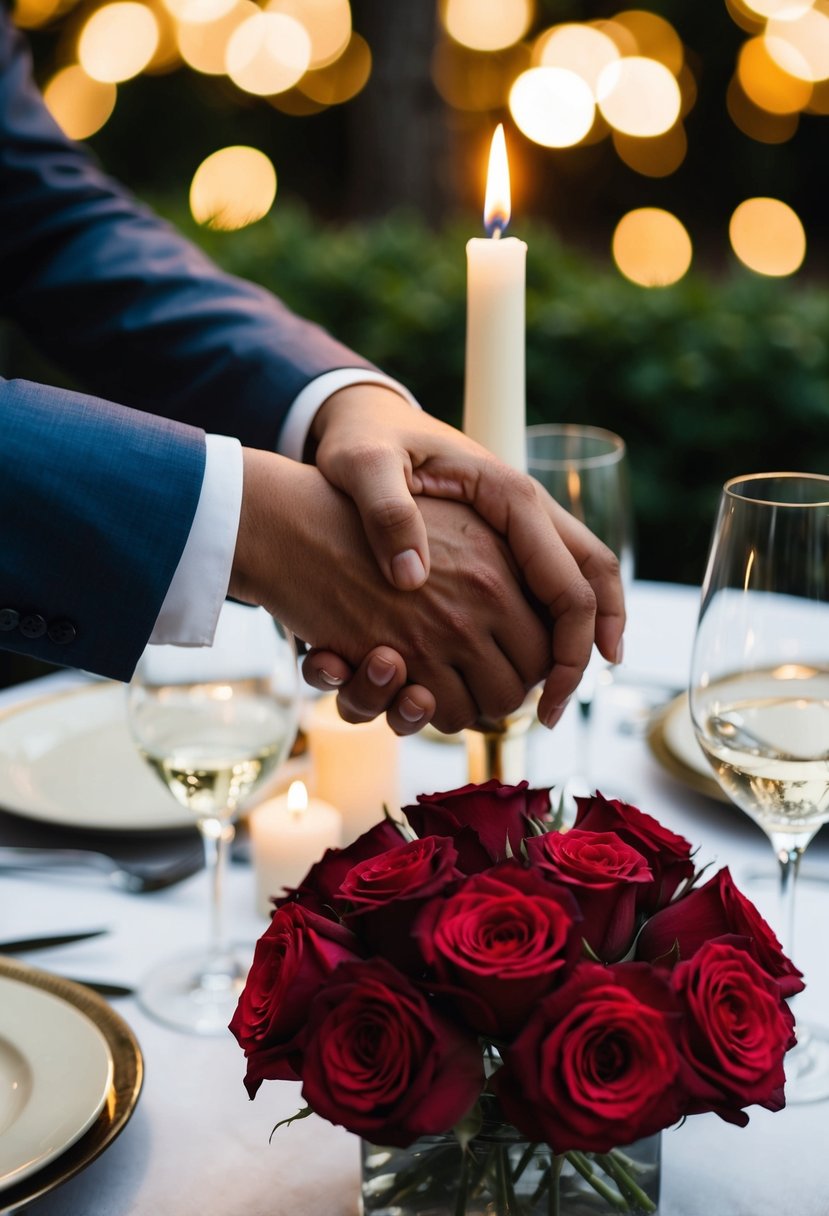 A couple's hands clasping over a table set with a candlelit dinner and a bouquet of roses