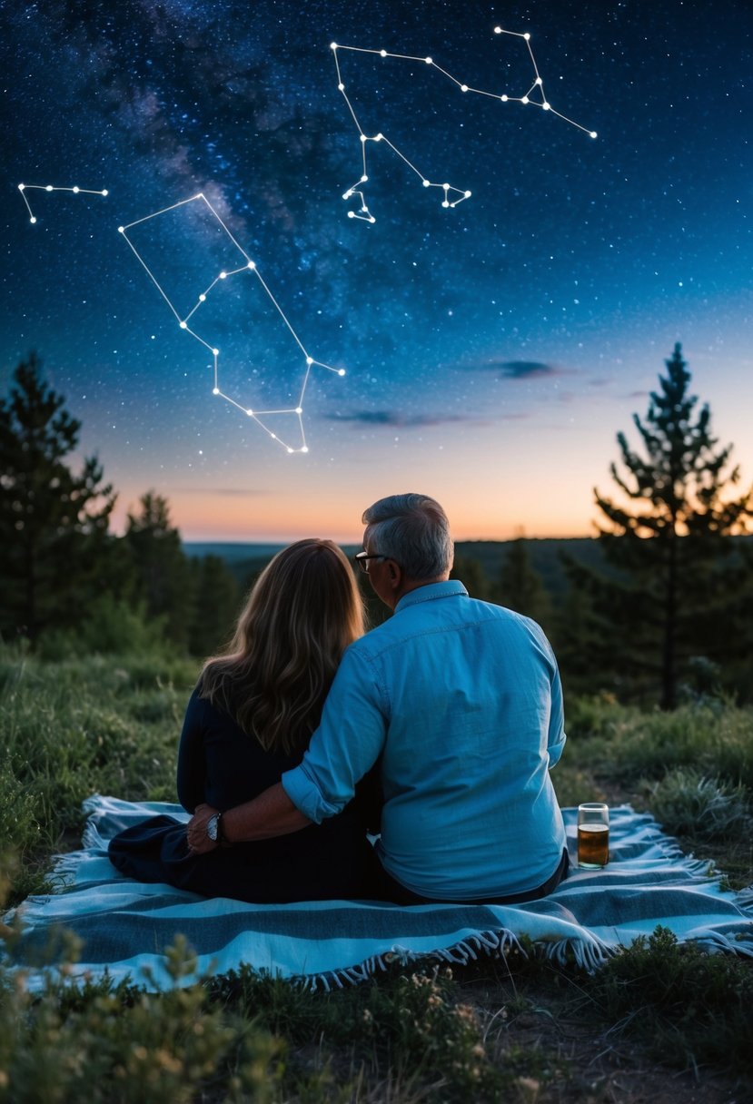 A couple sits on a blanket under a starry sky, surrounded by nature. They point out constellations and share memories of their 37 years together