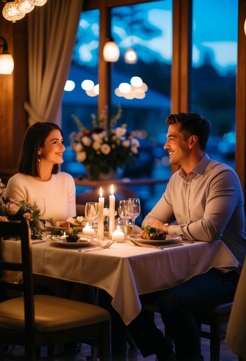 A couple sitting at a candlelit table in a cozy restaurant, surrounded by flowers and soft music, reminiscing about their first date