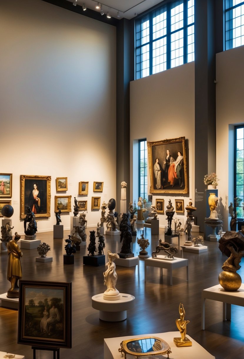 A diverse array of paintings and sculptures fill the spacious art gallery, bathed in warm natural light filtering through large windows