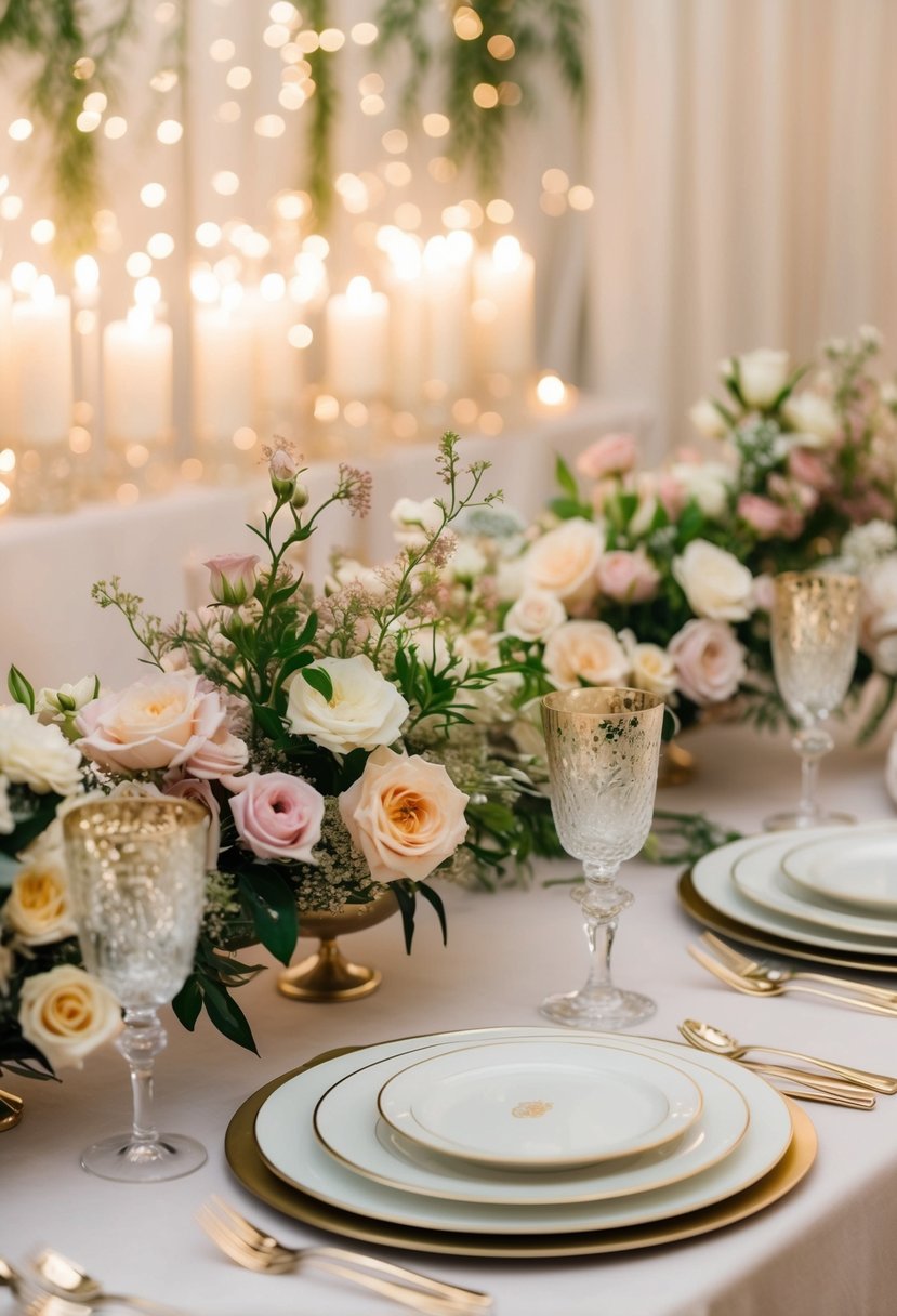 A table adorned with delicate floral arrangements and elegant tableware, set against a backdrop of soft candlelight and shimmering glassware