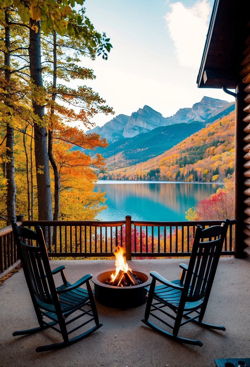 A cozy cabin nestled in the mountains, surrounded by colorful fall foliage and a serene lake, with a crackling fire pit and two rocking chairs on the porch