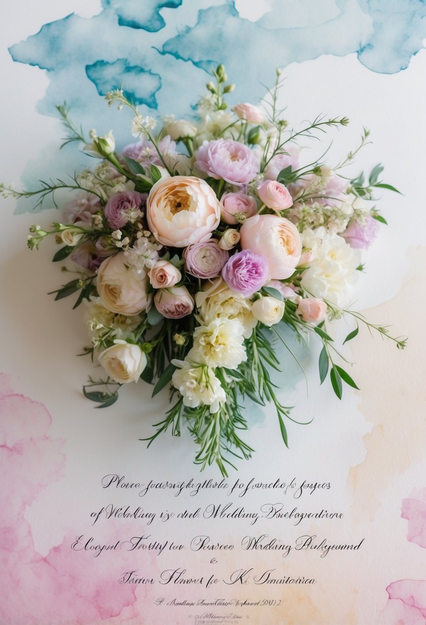 A delicate bouquet of pastel French-inspired flowers cascading across a watercolor background, with elegant script for a wedding invitation